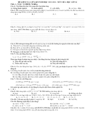 Đề kiểm tra giữa kì I môn Hóa học Lớp 11 (Sách Chân trời sáng tạo) - Năm học 2023-2024