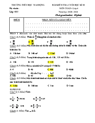 Bài kiểm tra cuối học kì II môn Toán Lớp 4 - Năm học 2020-2021 - Trường Tiểu học Mai Động (Có đáp án)