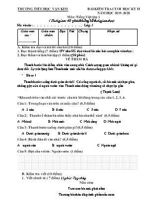 Bài kiểm tra cuối học kỳ II môn Tiếng Việt Lớp 1 - Năm học 2019-2020 - Trường Tiểu học Vạn Kim (Có đáp án)