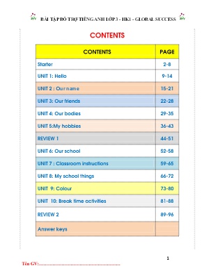 Bài tập bổ trợ học kì 1 Tiếng Anh Lớp 3 (Global Success)