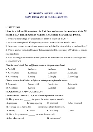Bộ 3 đề thi giữa học kì 1 môn Tiếng Anh 11 (Global Success)