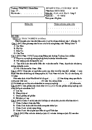 Đề kiểm tra cuối học kì II môn Lịch sử & Địa lí Lớp 5 - Năm học 2022-2023 - Trường TH&THCS Bình Đức (Có đáp án)