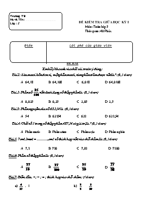 Đề kiểm tra giữa học kỳ I môn Toán Lớp 5