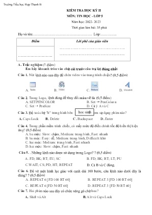 Đề kiểm tra học kỳ II môn: Tin học Lớp 5 - Năm học 2022-2023 - Trường Tiểu học Hợp Thanh B