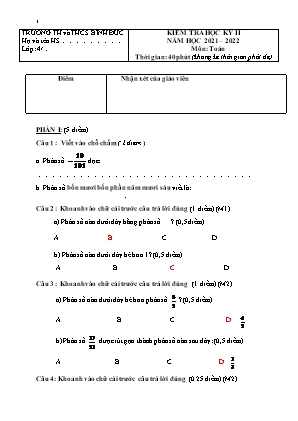 Đề kiểm tra học kỳ II môn Toán Lớp 4 - Năm học 2021-2022 - Trường TH&THCS Bình Đức (Có đáp án)