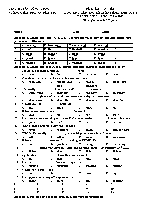 Đề kiểm tra viêt giao lưu câu lạc bộ môn Tiếng Anh Lớp 5 - Năm học 2021-2022 (Có đáp án)