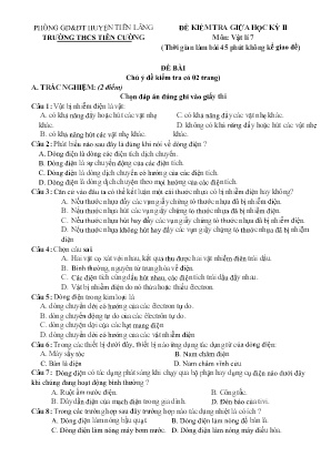 Đề kiểm tra giữa học kì II môn Vật lí 7 - Trường THCS Tiên Cường (Có đáp án)