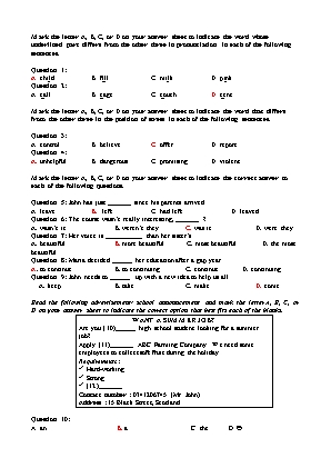 Đề thi tuyển sinh vào Lớp 10 môn Tiếng Anh - Practice 17 (Có đáp án)